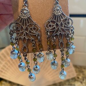 4 inch chandelier earrings in silver tone, light blue and light green